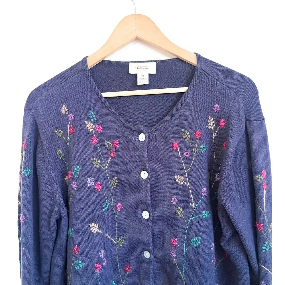 Vintage Talbots Floral Womens Cardigan Sweater‎ Size M Blue Cottagecore Grandma - Picture 3 of 7